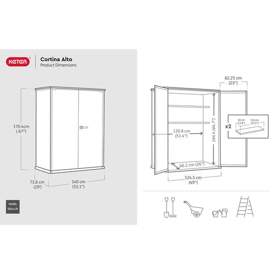 Keter Cortina Alto 4Ft 6" X 2Ft 4" (1.4 X 0.7M) 1,415 Litre Vertical Storage Shed with Shelves