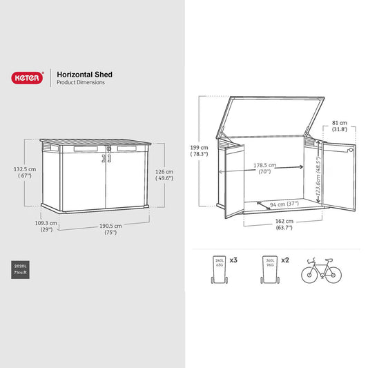 Keter Rosewood Horizon 6Ft 3" X 3Ft 7" (1.9 X 1.1M) Horizontal 2,020 Litre Storage Shed