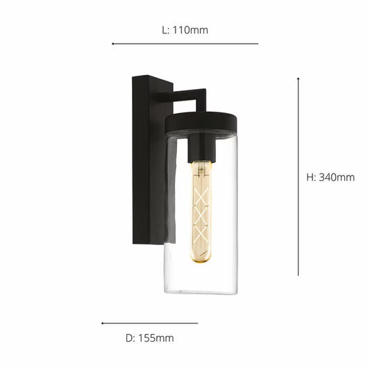 Bovolone Exterior Wall Light | 1-Light | IP44 | E27 | Black | Clear Glass