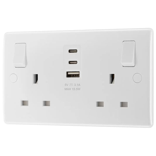 Masterplug Double 13A Switched Sockets with 15W USB a & 2X C Charger Ports, Pack