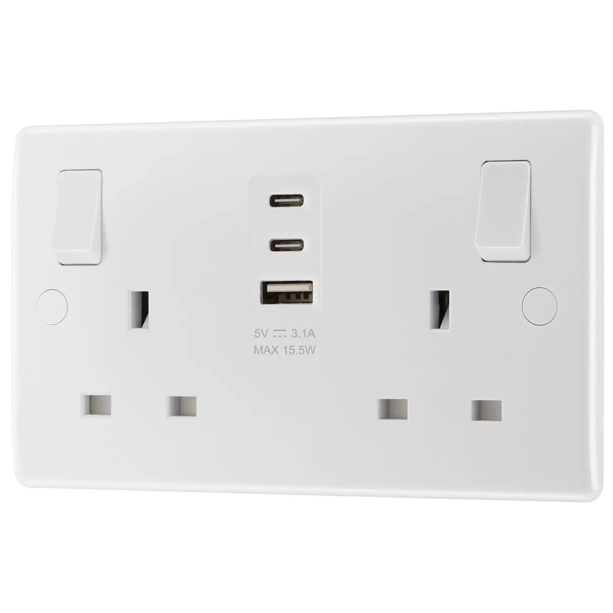 Masterplug Double 13A Switched Socket | 1x USB-A & 2x USB-C | Anti-Microbial | 2-Pack