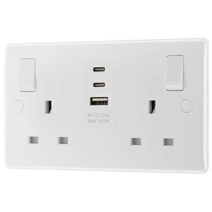 Masterplug Double 13A Switched Socket | 1x USB-A & 2x USB-C | Anti-Microbial | 2-Pack