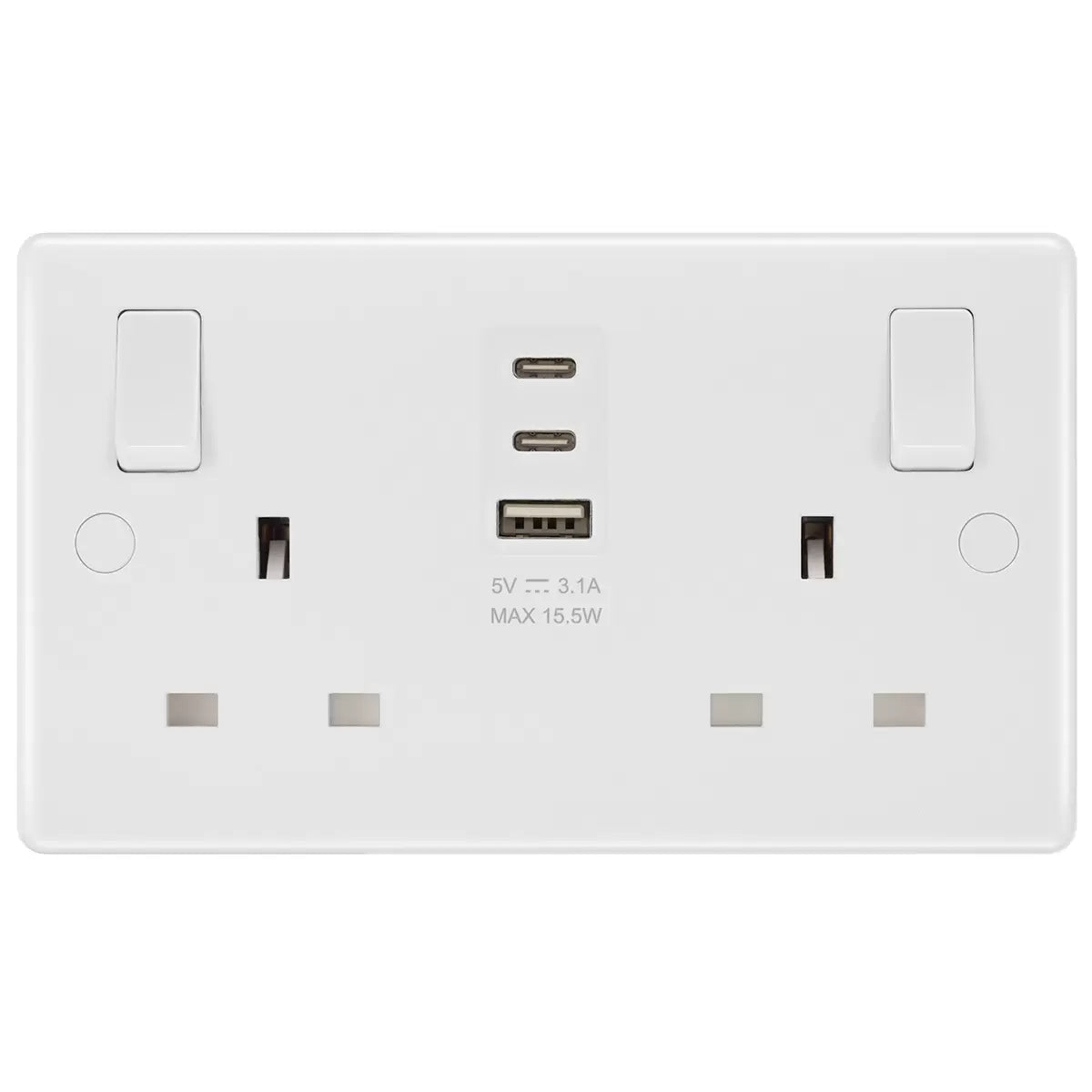 Masterplug Double 13A Switched Socket | 1x USB-A & 2x USB-C | Anti-Microbial | 2-Pack