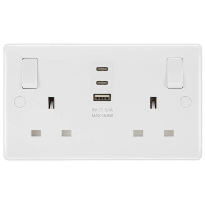 Masterplug Double 13A Switched Socket | 1x USB-A & 2x USB-C | Anti-Microbial | 2-Pack