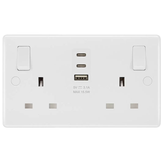 Masterplug Double 13A Switched Socket | 1x USB-A & 2x USB-C | Anti-Microbial | 2-Pack