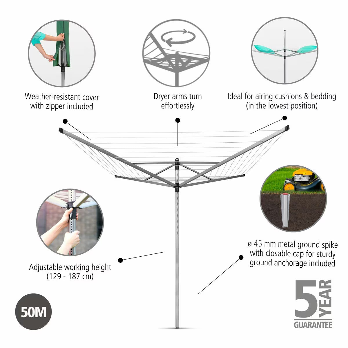 Brabantia Lift-O-Matic Rotary Airer 50m with Ground Spike & Protective Cover