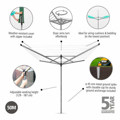 Brabantia Lift-O-Matic Rotary Airer 50m with Ground Spike & Protective Cover