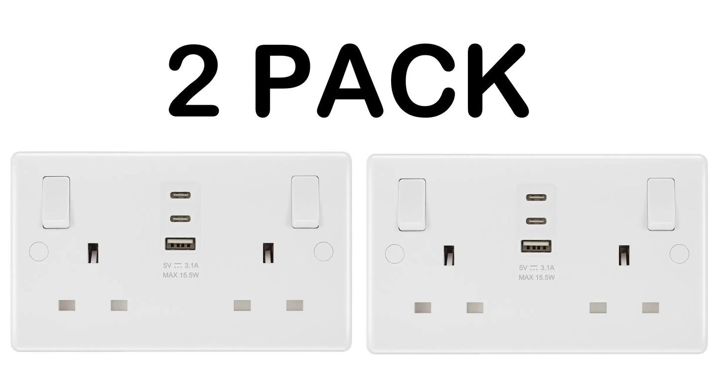 Masterplug Double 13A Switched Socket | 1x USB-A & 2x USB-C | Anti-Microbial | 2-Pack