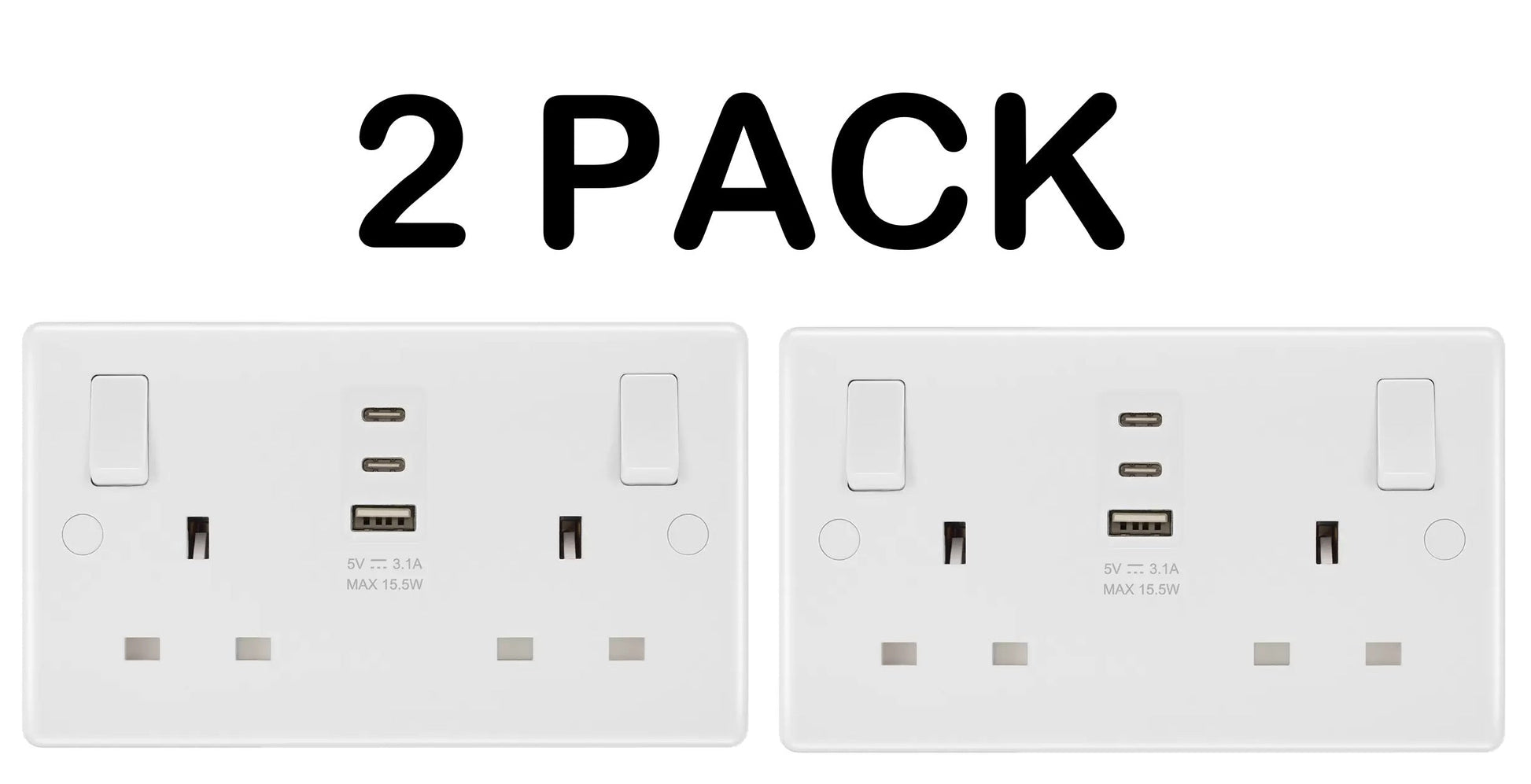 Masterplug Double 13A Switched Socket | 1x USB-A & 2x USB-C | Anti-Microbial | 2-Pack