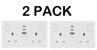 Masterplug Double 13A Switched Socket | 1x USB-A & 2x USB-C | Anti-Microbial | 2-Pack