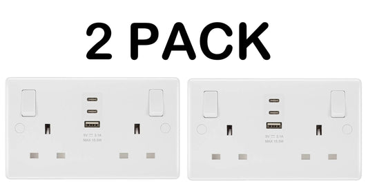 Masterplug Double 13A Switched Socket | 1x USB-A & 2x USB-C | Anti-Microbial | 2-Pack