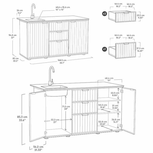 Keter Compact Outdoor Garden Kitchen | HPL Countertop | Sink | 3 Drawers | Fridge Space