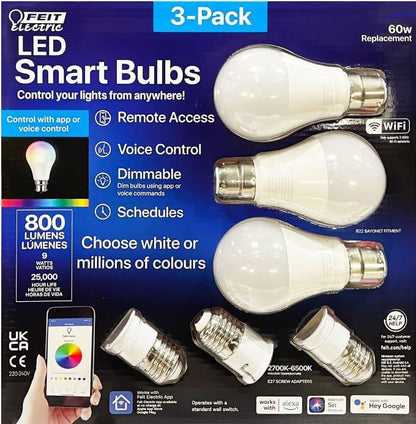 FEIT Colour Changing Smart Wi-Fi LED Bulb | 3 Pack | E27 & B22 | 800 Lumens | App Controlled