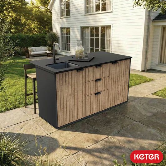 Keter Compact Outdoor Garden Kitchen | HPL Countertop | Sink | 3 Drawers | Fridge Space