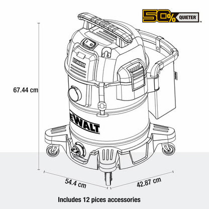 DEWALT 45L Quiet Wet & Dry Vacuum | 750W | 65dB | 2.1m Hose | Stainless Steel
