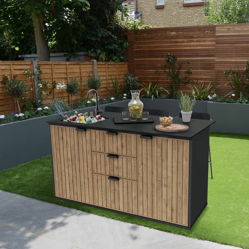 Keter Compact Outdoor Garden Kitchen | HPL Countertop | Sink | 3 Drawers | Fridge Space