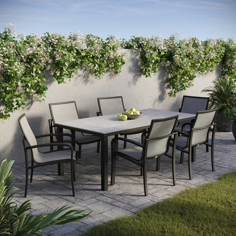 Agio Maxwell 7-Piece Sling Dining Set + Cover | Sintered Stone Table | Phifertex Sling Chairs | Rust-Resistant Aluminium