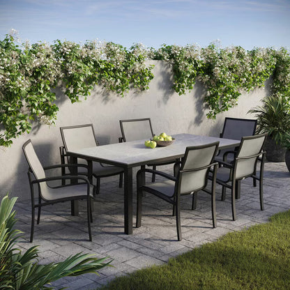 Agio Maxwell 7-Piece Sling Dining Set + Cover | Sintered Stone Table | Phifertex Sling Chairs | Rust-Resistant Aluminium