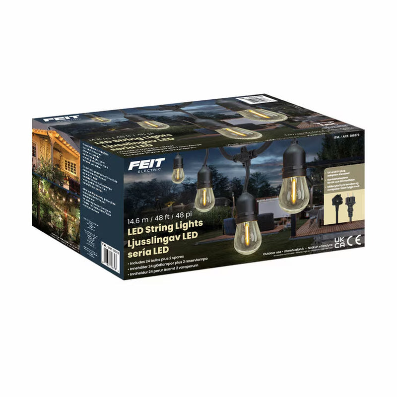 Feit Electric LED Outdoor String Lights | 14.6m | 24 Sockets | IP44 | S14 Filament Bulbs | Indoor & Outdoor